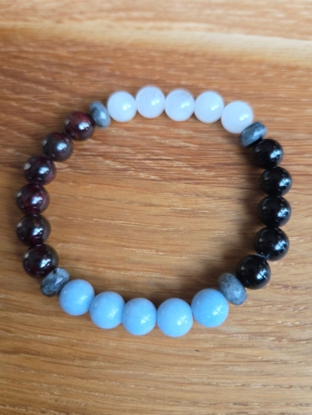Black Onyx, Garnet, Blue Angelite & White Jade Bead Stretch Bracelet | Handmade
